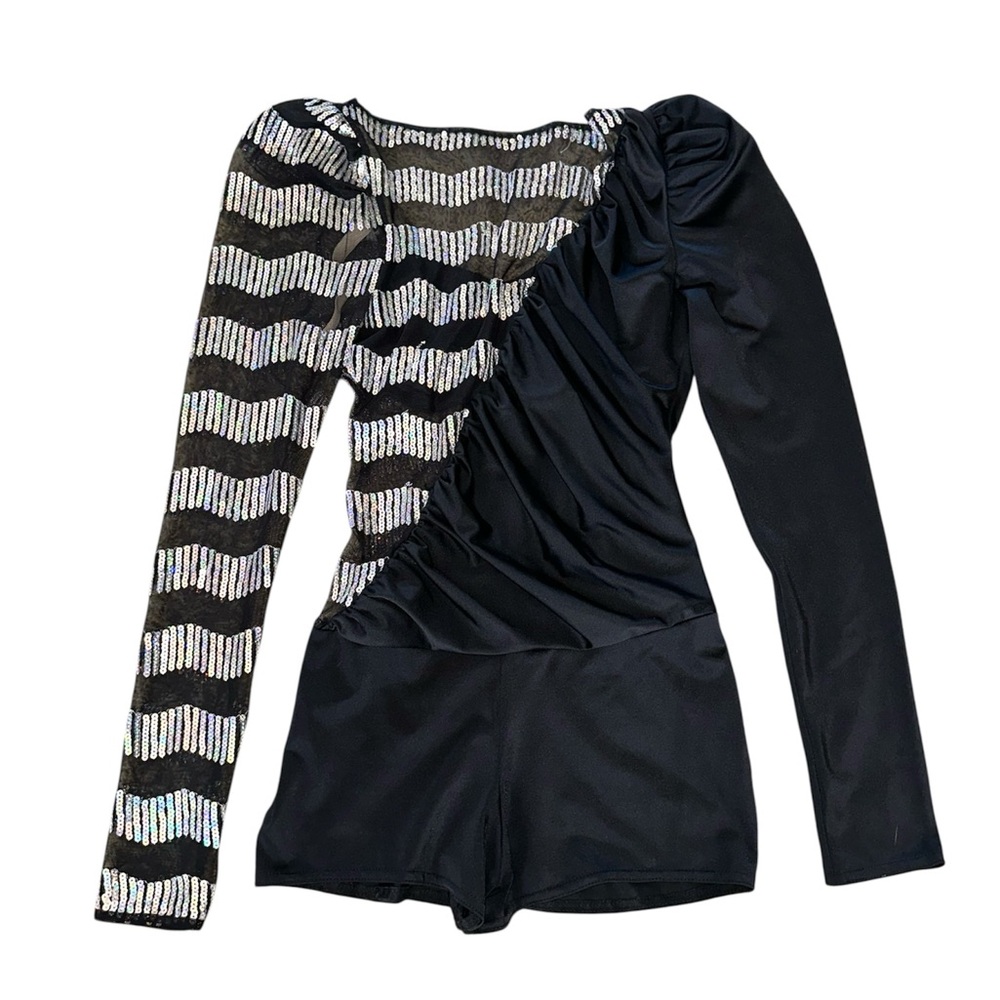 Kelle Silver Sequin Striped Mesh Long Sleeve Ruched Shorts Unitard Dance Costume